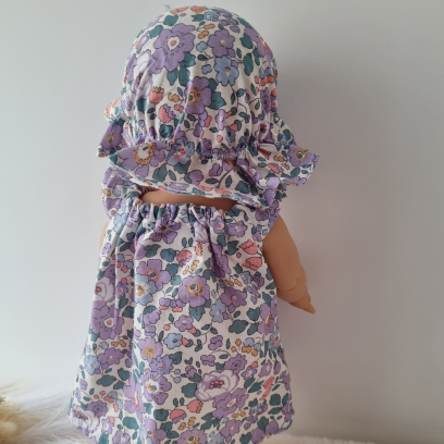 Robe et chapeau charlotte poupee 32-36cm coton fleuris tons violet