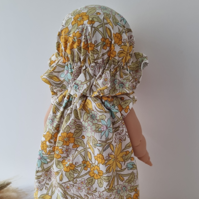 Robe et chapeau charlotte poupee 32-36cm coton fleuris tons jaune orange