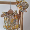 Robe et chapeau charlotte poupee 32-36cm coton fleuris tons jaune orange