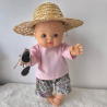 Look printanier – Chapeau paille, pull rose et pantacourt fleuri