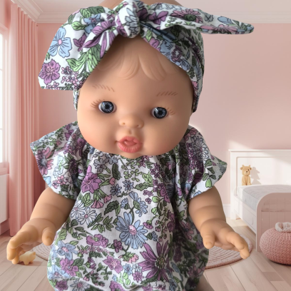 Barboteuse + bandeau pour poupée-fleurs violettes