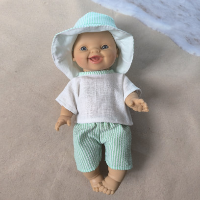 Tenue poupée en seersucker faite main – vêtements été 32 à 36 cm