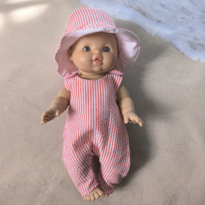 Salopette poupée en seersucker rose – tenue faite main 32 à 36 cm