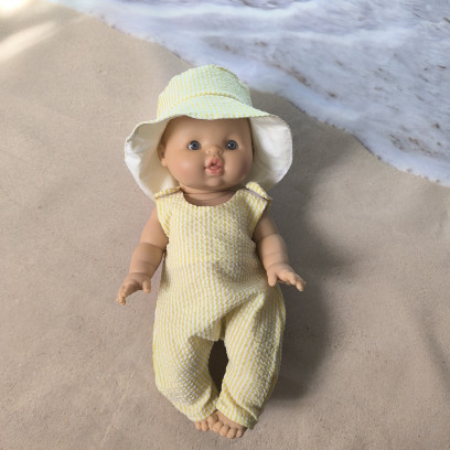 Salopette poupée en seersucker jaune– tenue faite main 32 à 36 cm