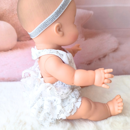 Barboteuse dentelle poupee 32-36cm blanche argentee avec bandeau