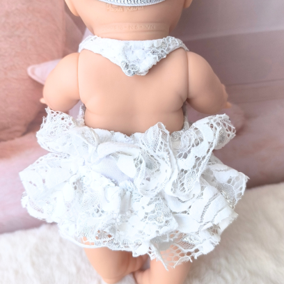 Barboteuse dentelle poupee 32-36cm blanche argentee avec bandeau