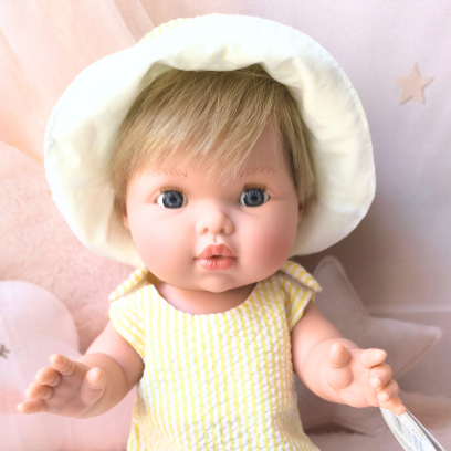 Salopette poupée en seersucker jaune– tenue faite main 32 à 36 cm