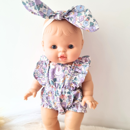 Combinaison short et serre tete poupee 32-36cm coton fleuris mauve