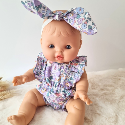 Combinaison short et serre tete poupee 32-36cm coton fleuris mauve