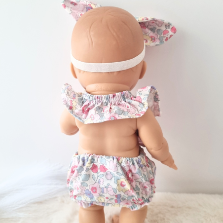 Combinaison short et serre tete poupee 32-36cm coton fleuris rose pale