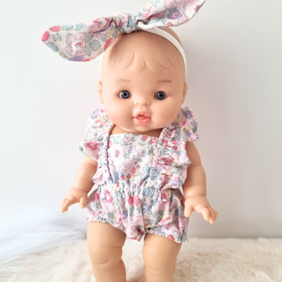 Combinaison short et serre tete poupee 32-36cm coton fleuris rose pale