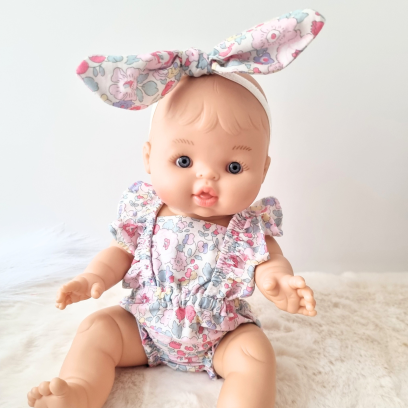 Combinaison short et serre tete poupee 32-36cm coton fleuris rose pale