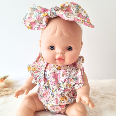 Combinaison short et bandeau poupee 32-36cm coton fleuris rose