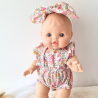 Combinaison short et bandeau poupee 32-36cm coton fleuris rose
