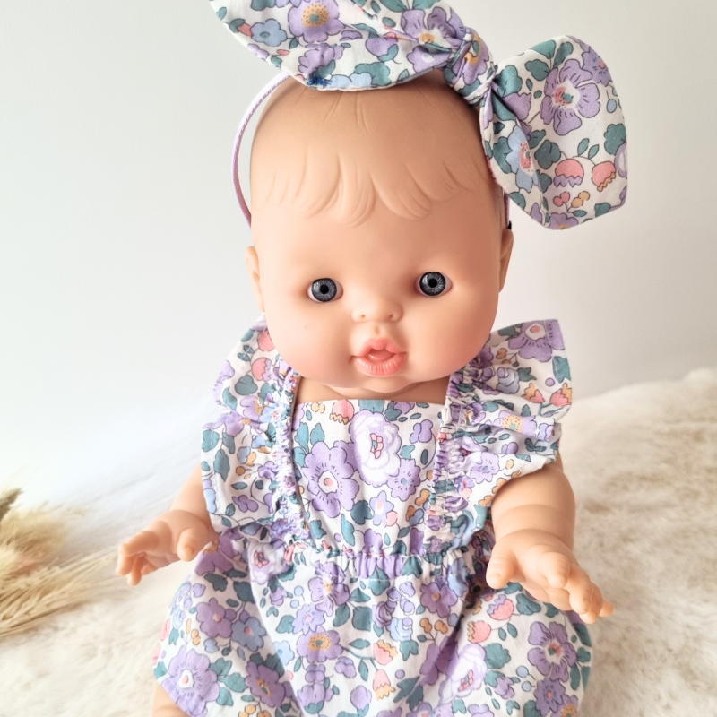 Combi robe et serre tete poupee 32-36cm coton fleuris mauve