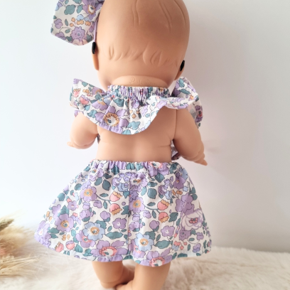 Combi robe et serre tete poupee 32-36cm coton fleuris mauve