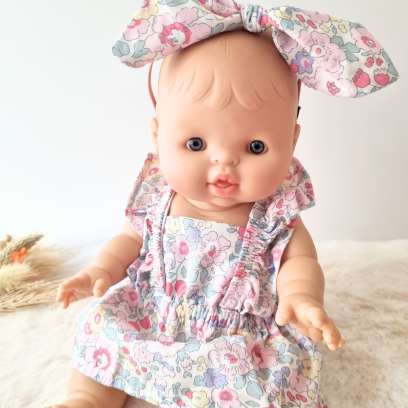 Combi robe et serre tete poupee 32-36cm coton fleuris rose clair