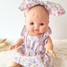 Combi robe et serre tete poupee 32-36cm coton fleuris rose clair