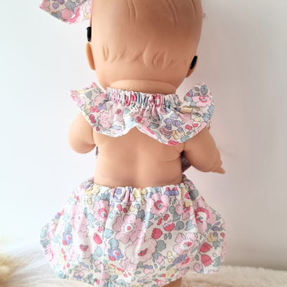 Combi robe et serre tete poupee 32-36cm coton fleuris rose clair