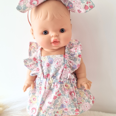 Combi robe et serre tete poupee 32-36cm coton fleuris rose clair
