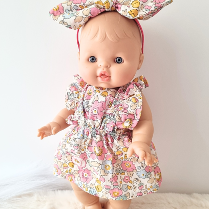 Combi robe et serre tete poupee 32-36cm coton fleuris rose
