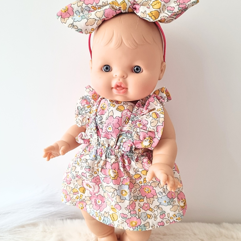 Combi robe et serre tete poupee 32-36cm coton fleuris rose