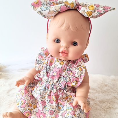 Combi robe et serre tete poupee 32-36cm coton fleuris rose