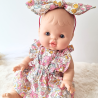 Combi robe et serre tete poupee 32-36cm coton fleuris rose