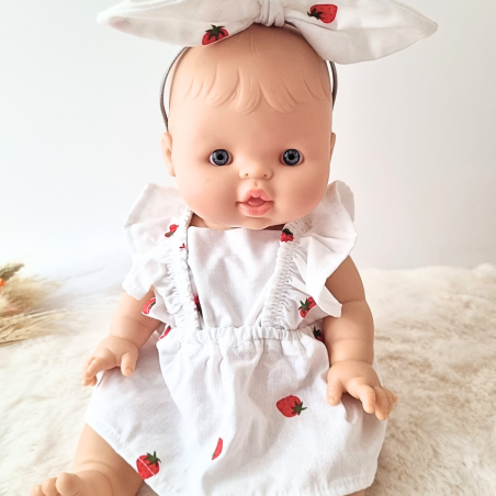 Combi robe et serre tete poupee 32-36cm coton blanc fraises