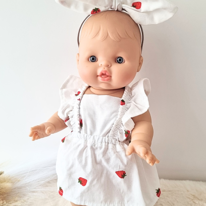 Combi robe et serre tete poupee 32-36cm coton blanc fraises