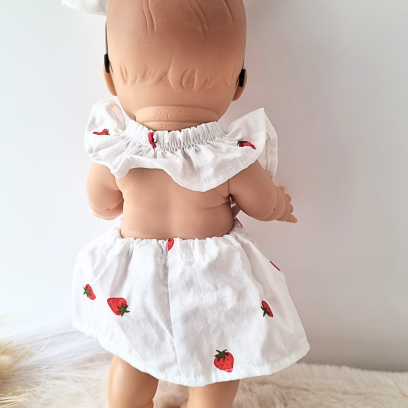 Combi robe et serre tete poupee 32-36cm coton blanc fraises