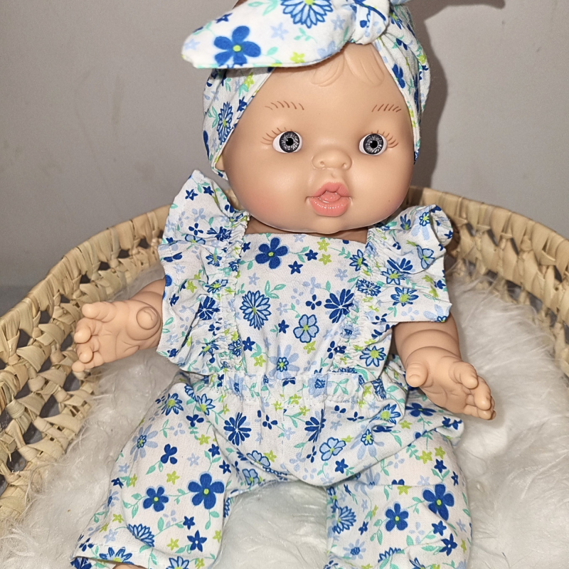 Combinaison longue et bandeau poupee 32-36cm coton fleurs bleues
