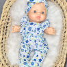 Combinaison longue et bandeau poupee 32-36cm coton fleurs bleues