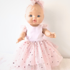 Robe poupee 32-36cm tulle rose coeurs et bandeau assorti