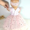 Robe poupee 32-36cm tulle rose coeurs et bandeau assorti