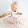 Robe poupee 32-36cm tulle rose coeurs et bandeau assorti