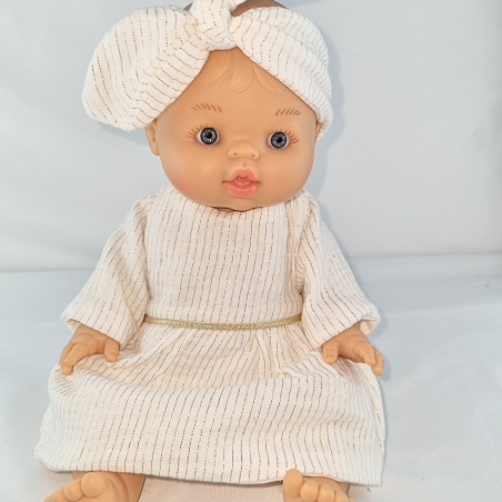 Ensemble Robe et Bandeau pour Poupées (32-36 cm) - Coton Double Gaze Blanc et Doré
