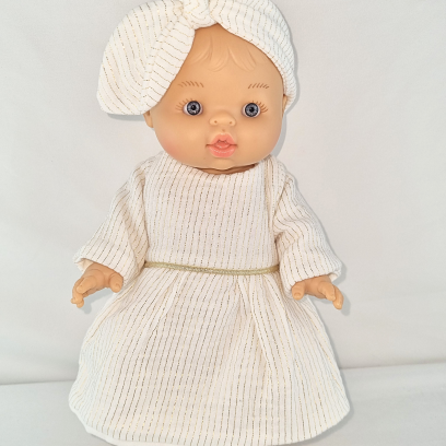 Ensemble Robe et Bandeau pour Poupées (32-36 cm) - Coton Double Gaze Blanc et Doré