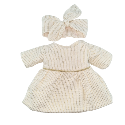 Ensemble Robe et Bandeau pour Poupées (32-36 cm) - Coton Double Gaze Blanc et Doré