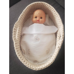 Couffin en crochet avec base en bois pour poupée jusqu'à 38 cm - Choix de matelas et parure